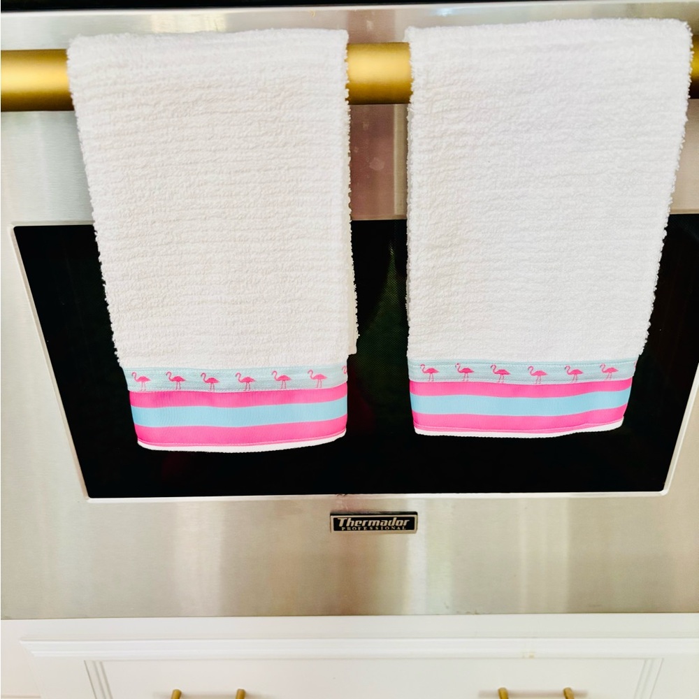 Preppy Pink  and blue striped Flamingo Hand Towel Set